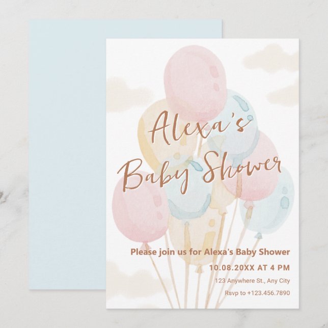 Balloons pastellfarbene Aquarelldusche Einladung (Vorne/Hinten)