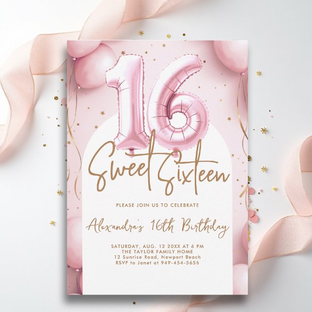Balloons Pink Gold Arch Kalligraphie Süß 16 Einladung (sweet sixteen invitation 16th birthday party pink gold balloons arch calligraphy glam feminine)