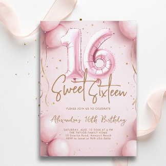 Balloons Pink Gold Kalligraphie Elegant Sweet 16 Einladung