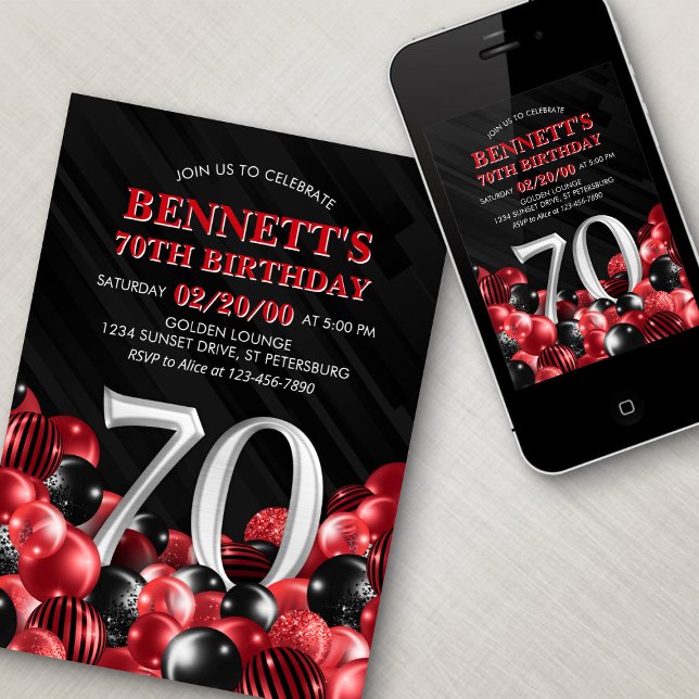 Balloons Rot 70. Geburtstag Einladung (Von Creator hochgeladen)