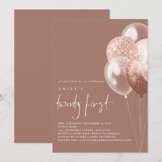 Balloons Script Rose Gold 21. Geburtstag Einladung