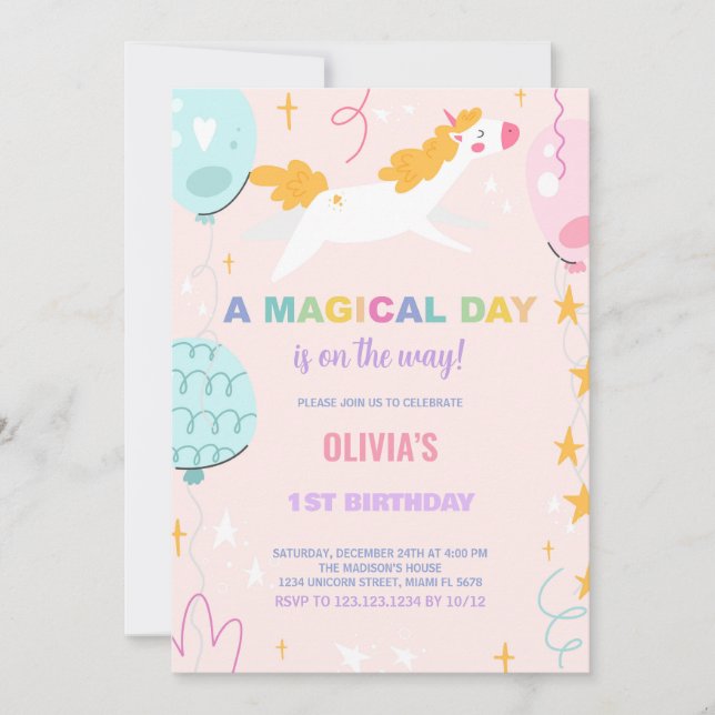 Balloons Unicorn Einladungen zum Geburtstag (Vorderseite)