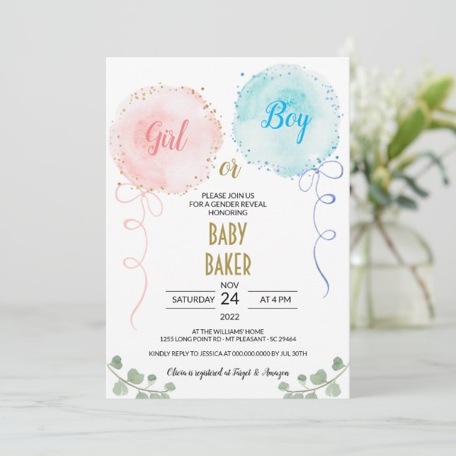 Balloons Watercolor Gender Reveal Party Einladung (Stehend Vorderseite)