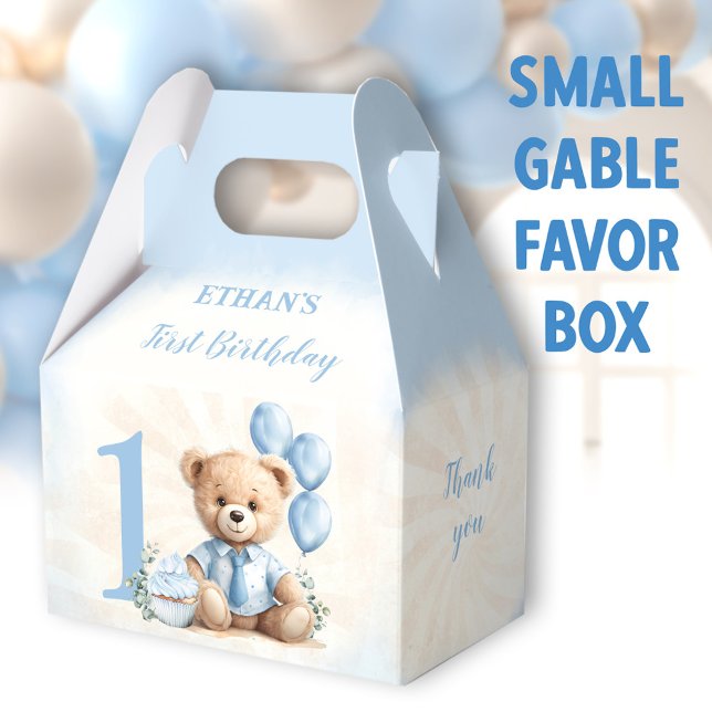 Ballotins 1er Anniversaire Bleu Beige Teddy Numéro (Blue Bear Small Gable Favor Boxes - You can choose from 3 sizes of these gable favor boxes)