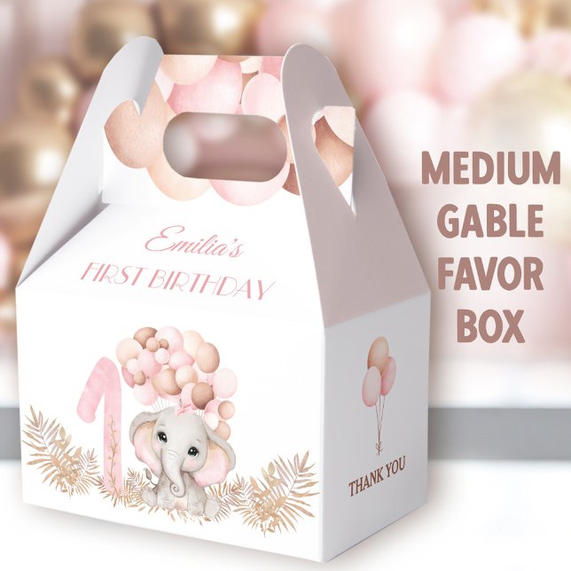 Ballotins 1er Anniversaire Fille Eléphant Ballons rose Moyen (Pink Elephant Medium Gable Favor Boxes - You can choose from 3 sizes of these gable favor boxes)