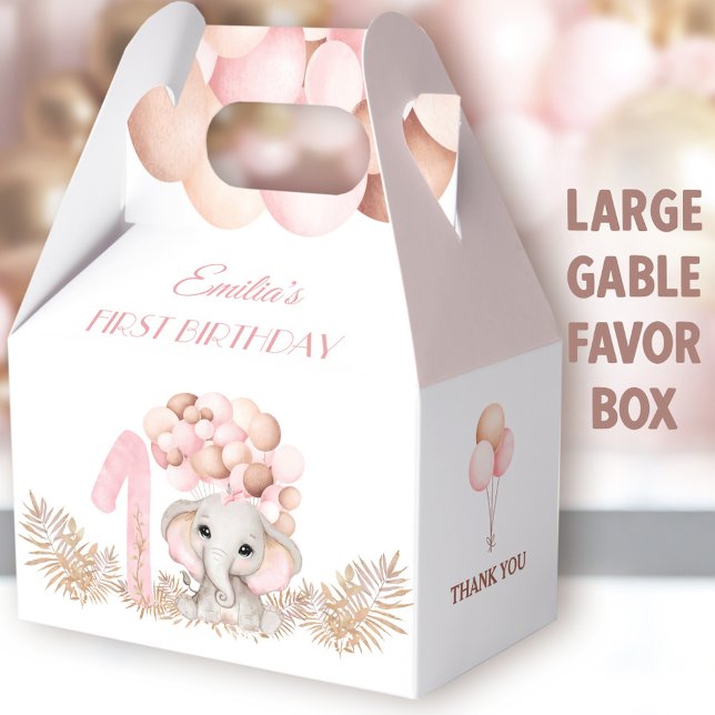 Ballotins 1er Anniversaire Fille Eléphant Ballons roses Gran (Pink Elephant Large Gable Favor Boxes - You can choose from 3 sizes of these gable favor boxes)