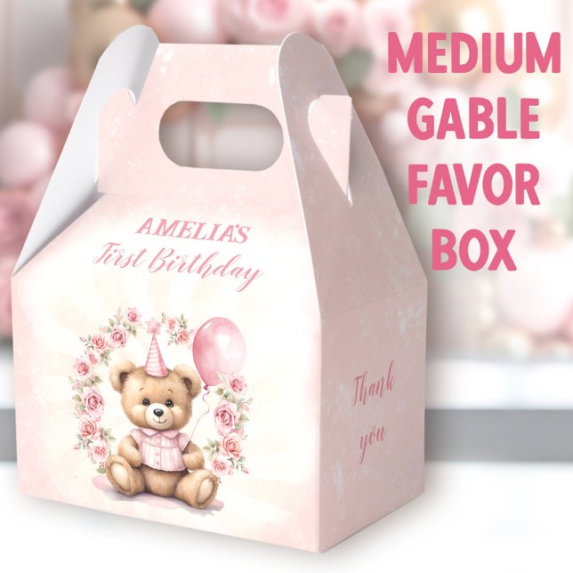 Ballotins 1er Anniversaire Roses roses mignonnes Ours Moyen  (Bear Roses Medium Gable Favor Boxes - You can choose from 3 sizes of these gable favor boxes)