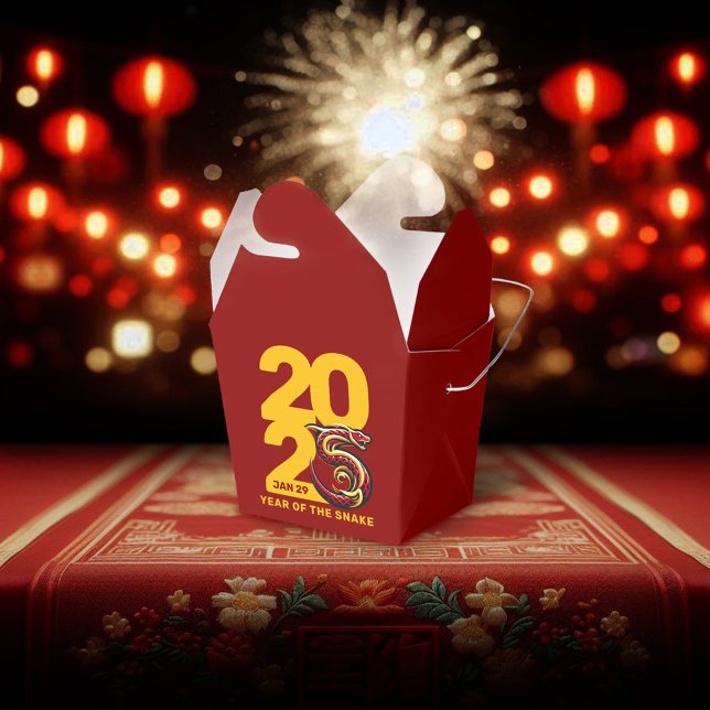 Ballotins Année rouge or du serpent 2025 (CNY 2025 Takeout Style Favor Box Fireworks Lanterns Cover Photo)