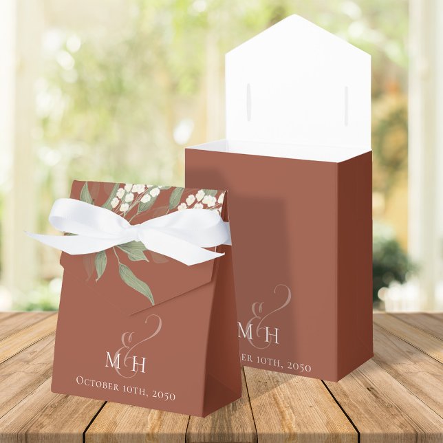 Ballotins Aquarelle Fleurs de mariage Botanique Terracotta (Elegant Terracotta party favor box with greenery foliage and monogram. )
