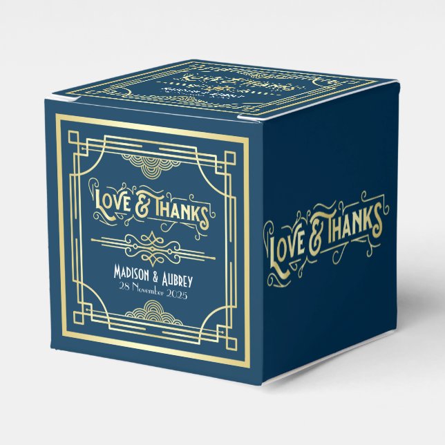 Ballotins Art Déco Mariage Love & Thanks Gold Blue Favor (Verso)