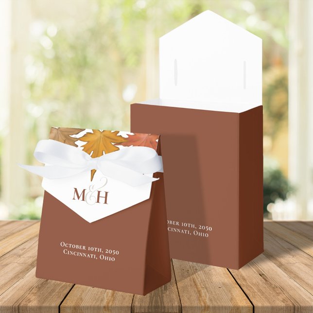 Ballotins Automne Feuilles Aquarelle Mariage Favoriser Perso (Fall leaves custom wedding favor box, with burgundy colors)