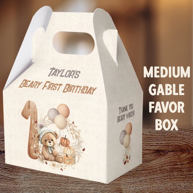 Ballotins Automne Ours Citrouille Garçon 1er Anniversaire Mo (Fall Bear Girl Medium Gable Favor Boxes - You can choose from 3 sizes of these gable favor boxes)