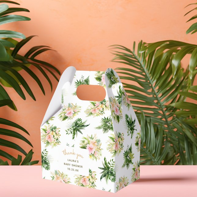 Ballotins Baby shower tropical Merci floral (favor box mockup for a tropical baby shower with jungle leaves and flowers, botanical pattern)