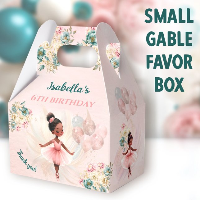 Ballotins Ballerina Peau foncée Cheveux rose Fille Florale A (Cute Dark Ballerina Small Gable Favor Boxes - You can choose from 3 sizes of these gable favor boxes)