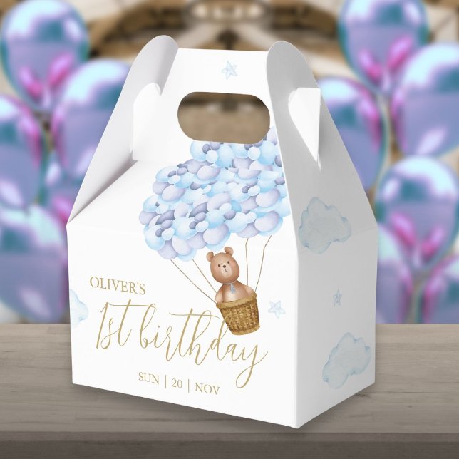 Ballotins Ballons Bleus Teddy Bear Anniversaire (Teddy Bear Blue Balloons Birthday Party Favor Box)