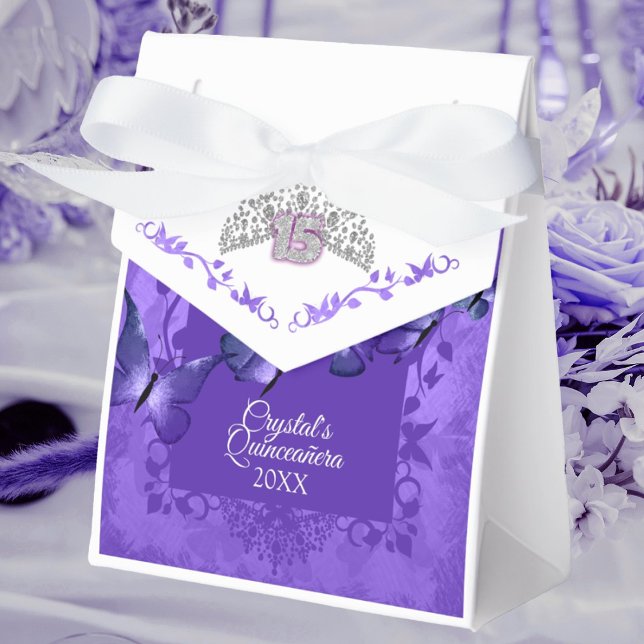 Ballotins Ballotin à ruban de quinceanera à papillon pourpre (purple silver crown tiara quinceanera party favor bag personalized gift bag purple butterflies)