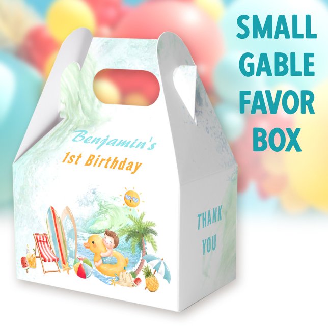 Ballotins Beach Pool Party Été 1er anniversaire Garçon (Beach boy Small Gable Favor Boxes - You can choose from 3 sizes of these gable favor boxes)