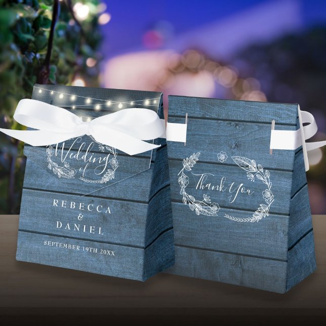 Ballotins Bleu Rustique Chaîne de bois éclaire le Mariage Fl (Blue Rustic Wood String Lights Floral Wedding Favor Box)