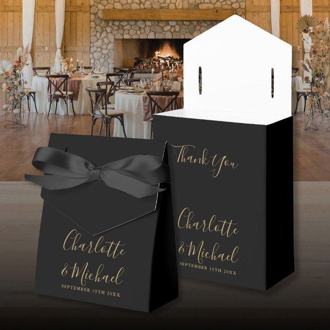 Ballotins Boîte De Faveur Chic Noir Et Or Script De Mariage (Chic Black And Gold Script Wedding Favor Box)