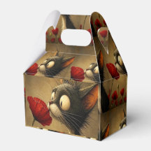 Boîte de faveur Gable Chat noir et blanc Fleur rou