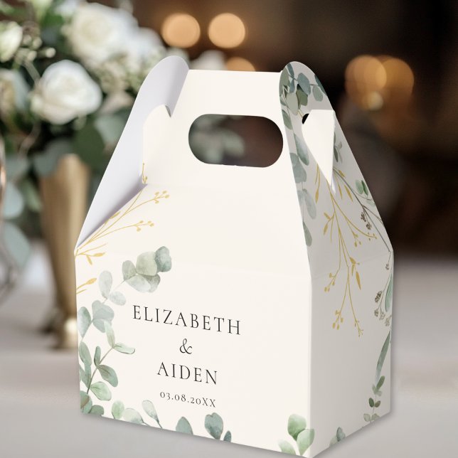 Ballotins Boîte de mariage en eucalyptus (Floral, Beige, Greenery, Gold Wedding Box gift box with your name and date.)