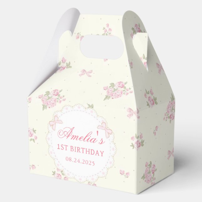 Ballotins Boîtes de faveurs d'anniversaire à ruban rose Coqu (Recto)