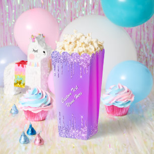 Ballotins Boîtes de Popcorn Pailletées Rose Violet avec Text