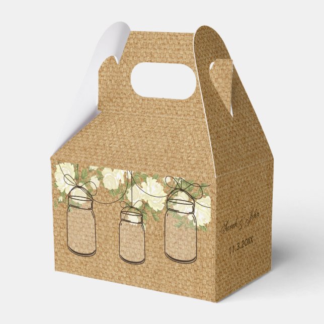 Ballotins burlap ivoire roses mason pot mariage boîte de fav (Arrière)