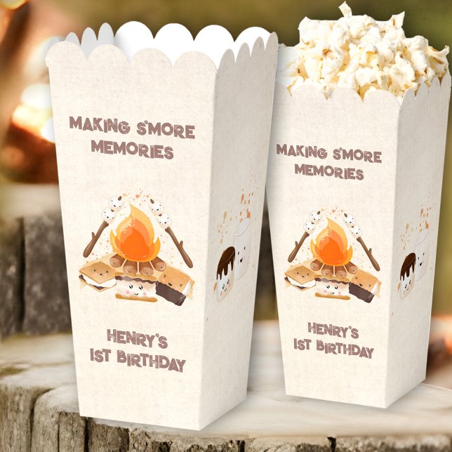 Ballotins Camping Cute S'more 1er Anniversaire Camping Popco (Cute S'more Campfire 1st Birthday Camping Popcorn Favor Boxes)