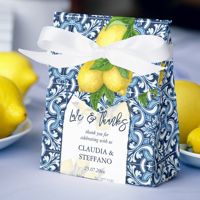 Ballotins Carrelage bleu et citron Amalfi Italien mariage me (Blue tiles and lemon Amalfi Italian wedding thank you Favor Box)