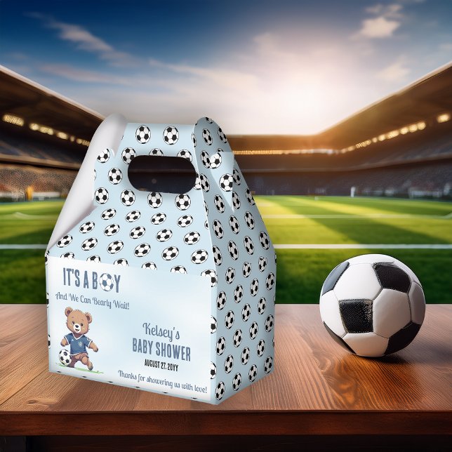 Ballotins C'est un garçon Bearly Wait Soccer Player Baby sho (Cute Blue "It's A Boy and We Can Bearly Wait!" Teddy Bear Soccer Player Boy Baby Shower Favor Box)