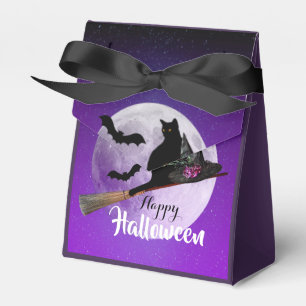 Ballotins Chat noir d'Halloween sur balai pleine lune
