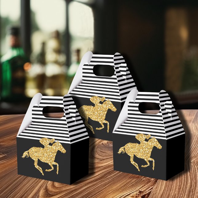 Ballotins Cheval de course à paillettes dorées Faux rayures  (Gold racehorse Derby party favor boxes are 4"w x 2.5"l x 5"h, ship flat, simple assembly required.)