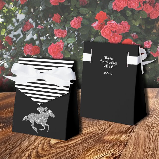 Ballotins Cheval de course Paillettes Argent Rayures Noir et (Silver racehorse tent-style ribbon close favor box with  thank you on the back, 3" x 1.5" x 3.25")