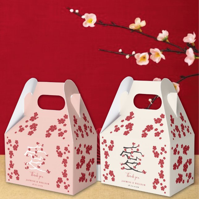 Ballotins Chinese Love Red Cherry Blossoms (Chinese 'Ai' Love Red/Pink Cherry Blossoms Engagement/Wedding Party Favor Boxes @ fatfatin_red_knot)
