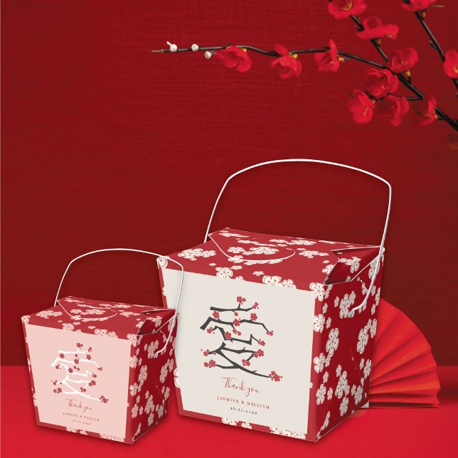 Ballotins Chinese Love Red Cherry Blossoms (Chinese 'Ai' Love Red/Pink Cherry Blossoms Engagement/Wedding Party Favor Boxes @ fatfatin_red_knot)