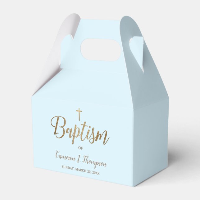 Ballotins Croix d'or bleu moderne Baptême Baby Boy Merci (Verso)