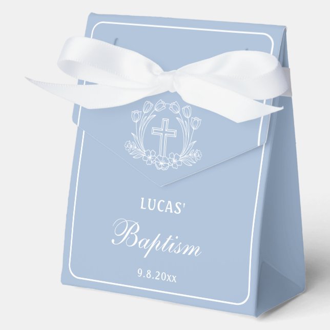 Ballotins Croix florale simple sur Baptême bleu clair Grande (Recto)
