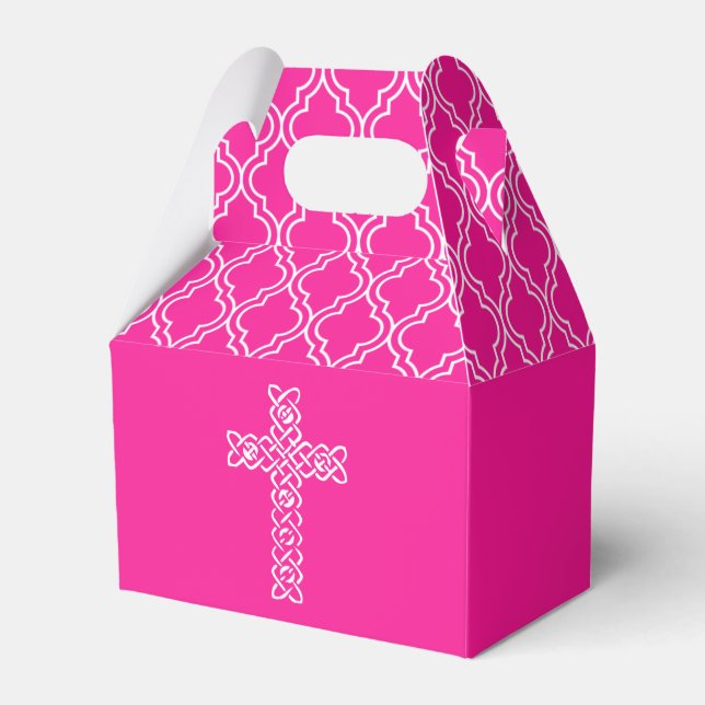 Ballotins Croix | Hot rose First Communion Party boîte de pr (Verso)
