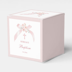 Ballotins Cube de baptême avec nœud rose floral