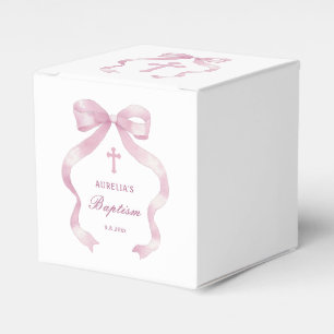 Ballotins Cube de baptême avec un élégant nœud rose