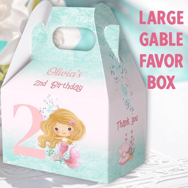 Ballotins Cuisine Petite Sirène Cheveux Blond Rose Grand Gab (Blonde Mermaid Large Gable Favor Boxes - You can choose from 3 sizes of these gable favor boxes)