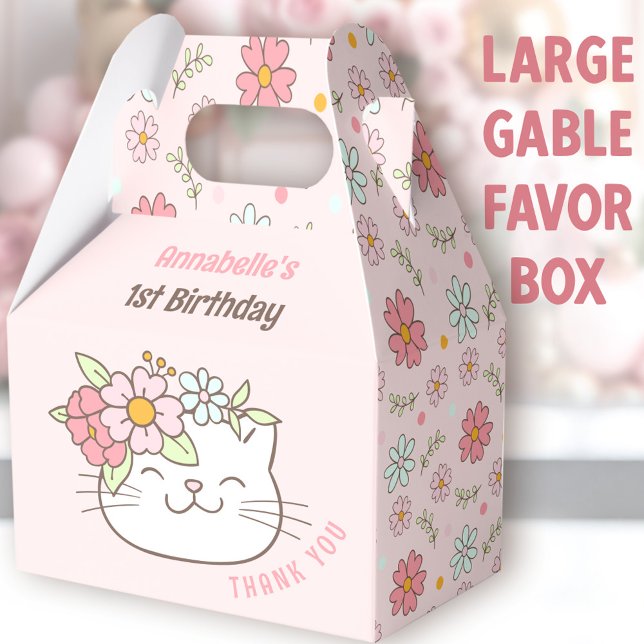 Ballotins Cute Chat Floral Rose fille 1er anniversaire grand (Cute Kitten Large Gable Favor Boxes - You can choose from 3 sizes of these gable favor boxes)