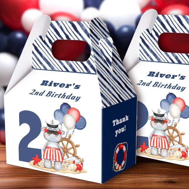 Ballotins Cute Hippo Nautical Blue 2e anniversaire garçon (Cute Hippo Nautical Blue 2nd Birthday Boy Favor Box)