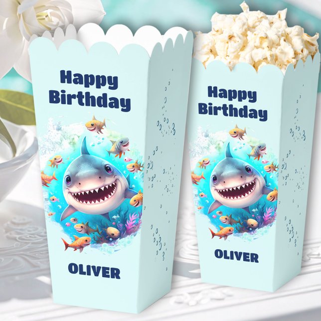 Ballotins Cute Shark 1er Anniversaire Nom Baby Boy Popcorn (Cute Shark 1st Birthday Name Baby Boy Popcorn Favor Boxes)