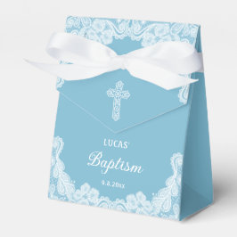Ballotins Dentelle blanche sur la tente Baptême Bleue Pastel