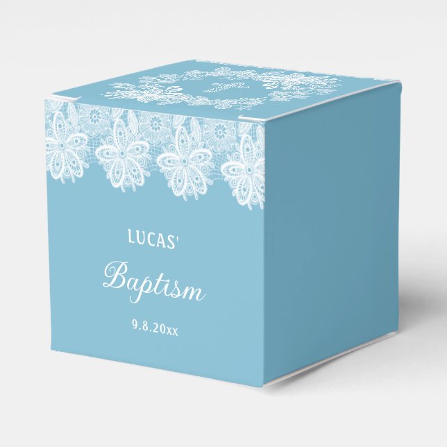 Ballotins Dentelle blanche sur Pastel Baptême bleu Cube (Verso)