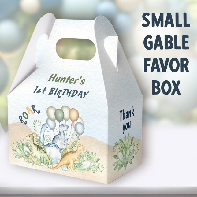 Ballotins Dinosaur Boy Pastel Blue Green 1er anniversaire (Dinosaur Boy Small Gable Favor Boxes - You can choose from 3 sizes of these gable favor boxes)