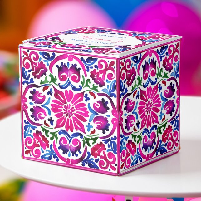 Ballotins Douche nuptiale carrelage rose bleu mexicain (Mexican themed wedding bridal shower party favor box pink and blue talavera tiles pattern favor box)