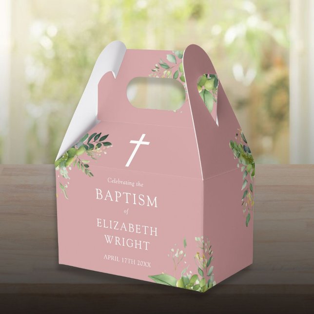 Ballotins Dusty Rose Rose verdure Baptême Christening (Dusty Rose Pink Greenery Baptism Christening Favor Boxes)